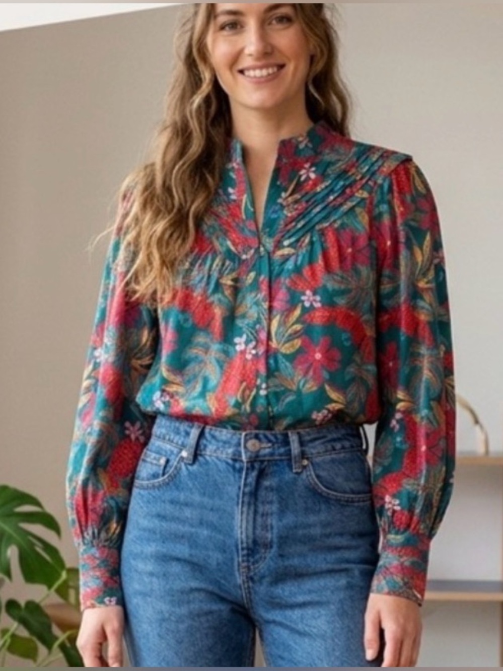 Fate Teal Red S Tucked Yoke Detail Standing Collar long sleeve Blouse